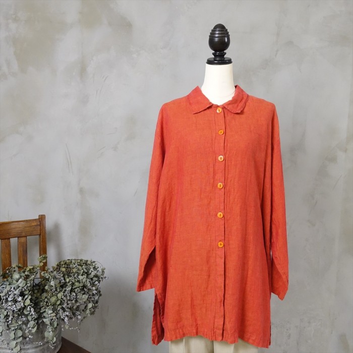 古着 リネン ブラッドオレンジ スリットロングシャツ | Vintage.City 古着屋、古着コーデ情報を発信