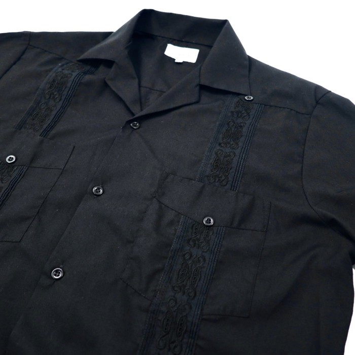 【豪華刺繡】ジップ式 キューバシャツ 黒 ブラック プリーツ ビッグサイズ XX