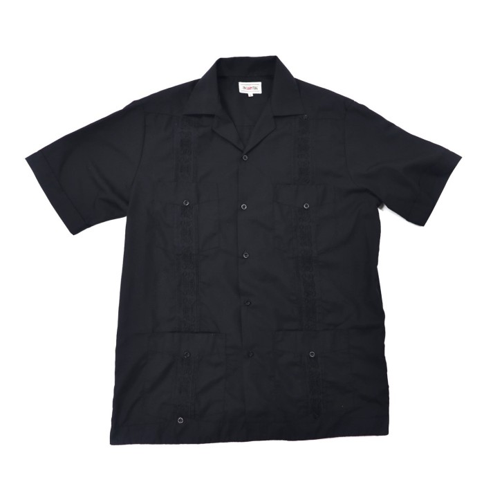 【豪華刺繡】ジップ式 キューバシャツ 黒 ブラック プリーツ ビッグサイズ XX