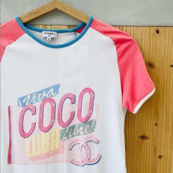 シャネル COCO CUBA Tシャツ 半袖 ホワイト ピンクマルチ コットン