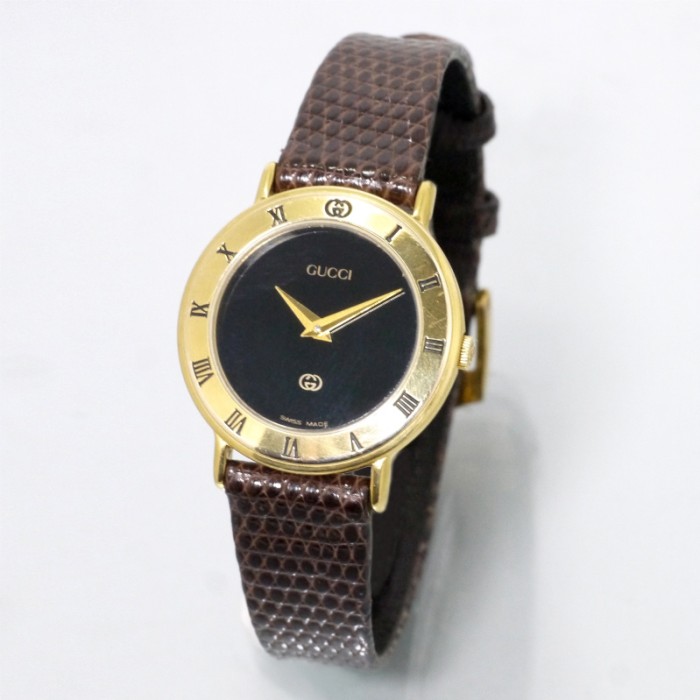 OLD Gucci ギリシャ数字ブラックフェイス腕時計（リザード・茶） | Vintage.City 古着屋、古着コーデ情報を発信