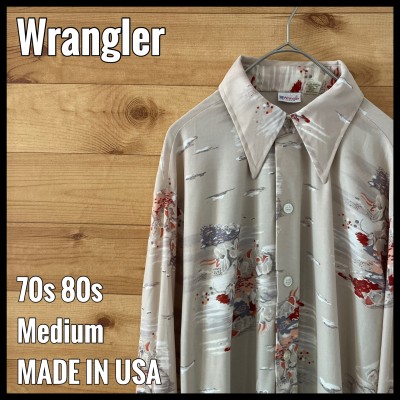 【Wrangler】70s USA製 ポリシャツ 総柄 長袖シャツ M US古着 