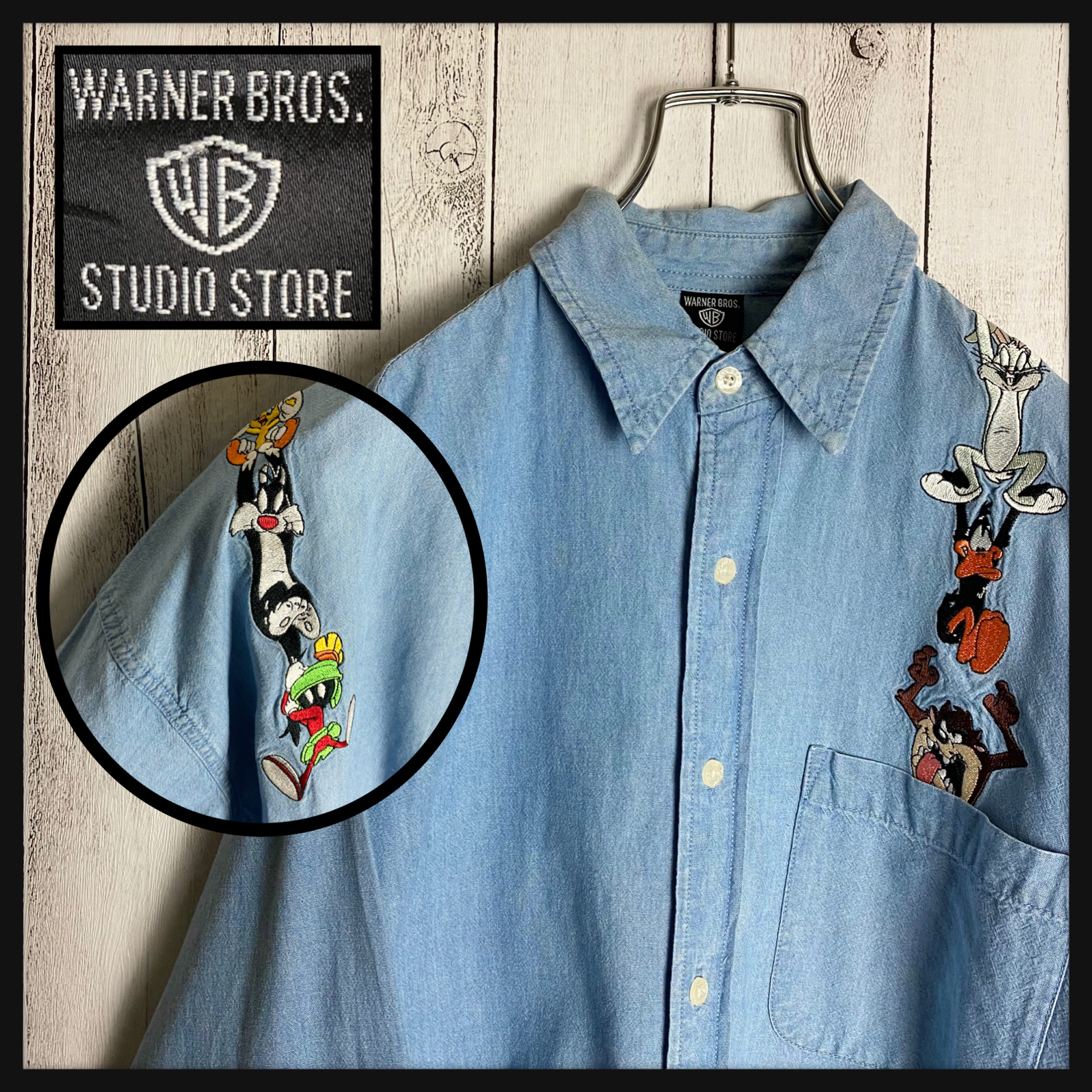 Warner bros. s ショルダー キャラ刺繍 デニムシャツ 長袖   Vintage