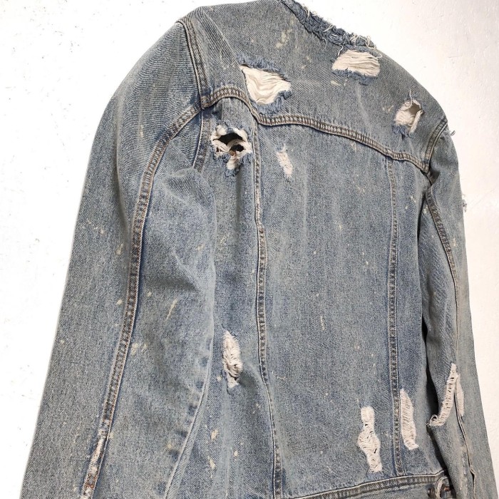 【unisex】ZARA ノーカラーダメージデニムジャケット | Vintage.City 古着屋、古着コーデ情報を発信