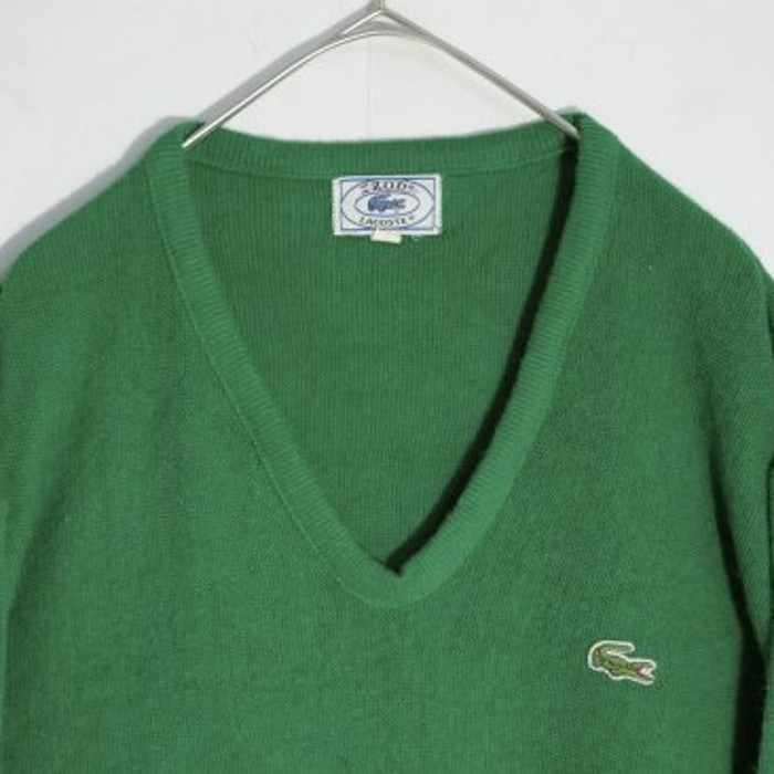 80's "LACOSTE" green Vneck acrylic knit | Vintage.City 빈티지숍, 빈티지 코디 정보