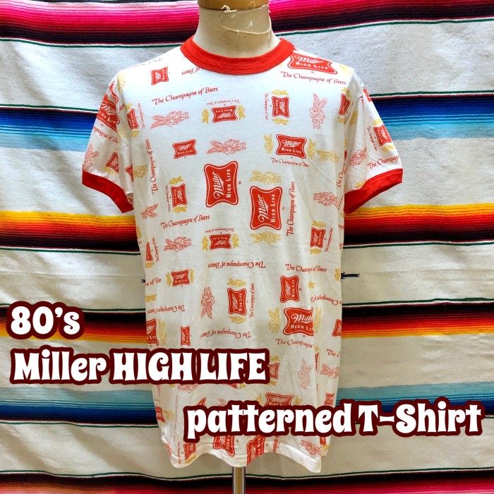 【アメリカ製】80s MillerHighlife 総柄 リンガー tシャツ 2