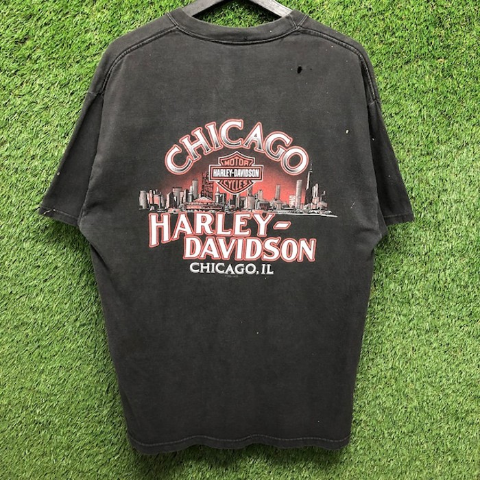 VINTAGE ヴィンテージ Harley Davidson motorcycles CHICAGO シカゴ クラシックロゴ プリント半袖Tシャツ ブラック