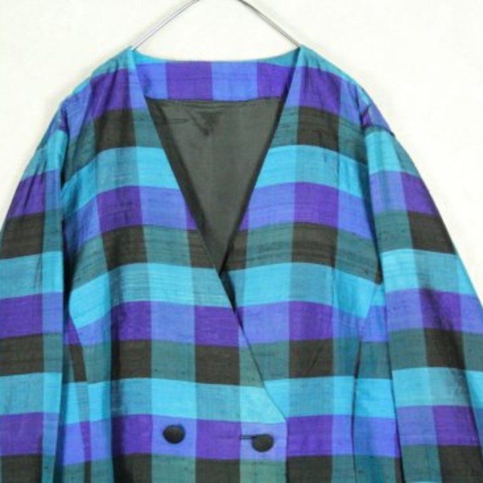 metallic blue check no collar jacket | Vintage.City 빈티지숍, 빈티지 코디 정보