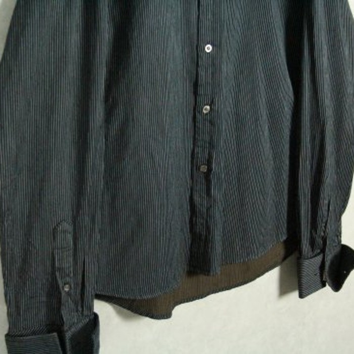 pinstripe black no collar dress shirt | Vintage.City 古着屋、古着コーデ情報を発信