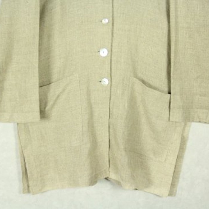 No collar beautiful linen long jacket | Vintage.City 古着屋、古着コーデ情報を発信
