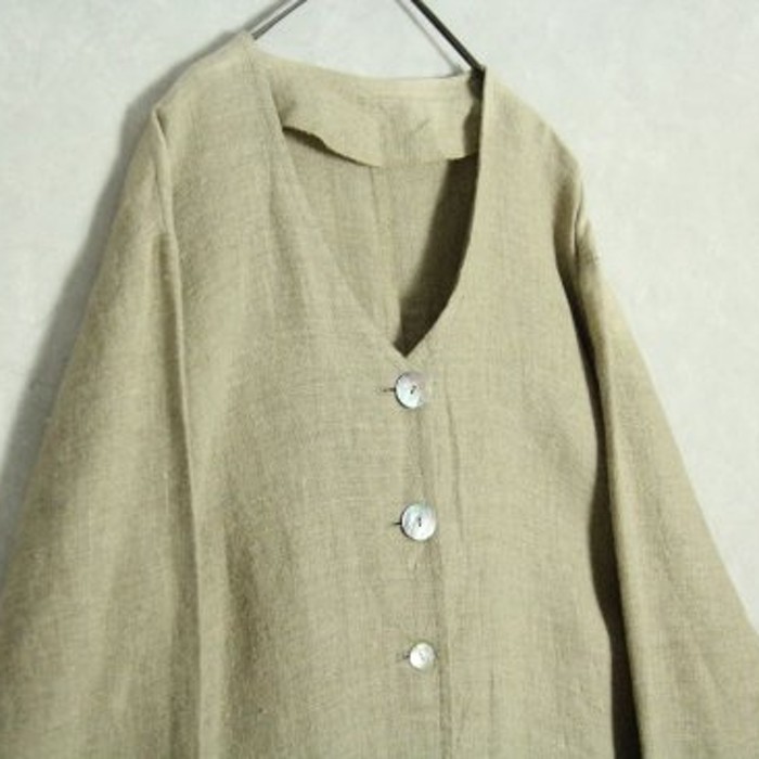 No collar beautiful linen long jacket | Vintage.City 빈티지숍, 빈티지 코디 정보