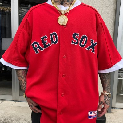 TEAMWORK MLB BOSTON RED SOX ボストンレッドソックス ノースリーブ ゲームシャツ ベースボールシャツ USA製 メンズXL /eaa327551