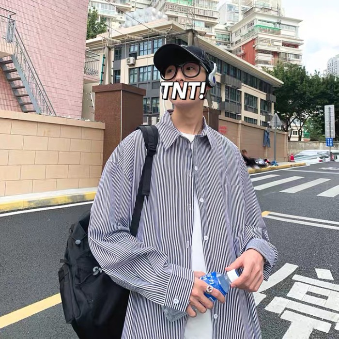 お気にいる】 韓国 ストリート メンズ シャツ ストライプ 英文字 オーバーサイズ 長袖