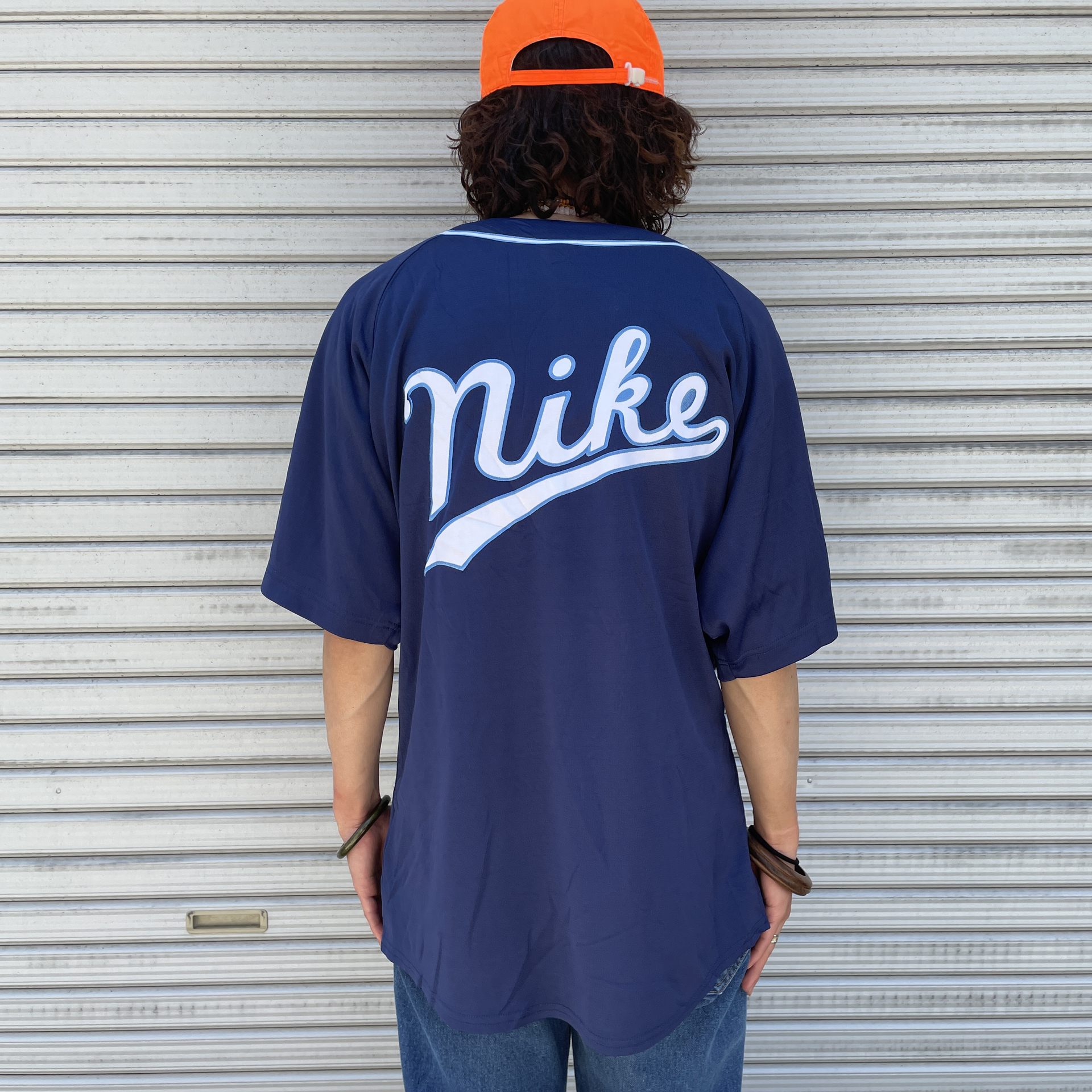 送料無料』90s NIKE ナイキ ベースボールシャツ ビッグロゴ ネイビー 