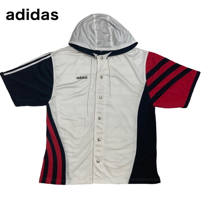 adidas（アディダス） 赤×黒×白 着脱可フード付き半袖パーカー Lサイズ