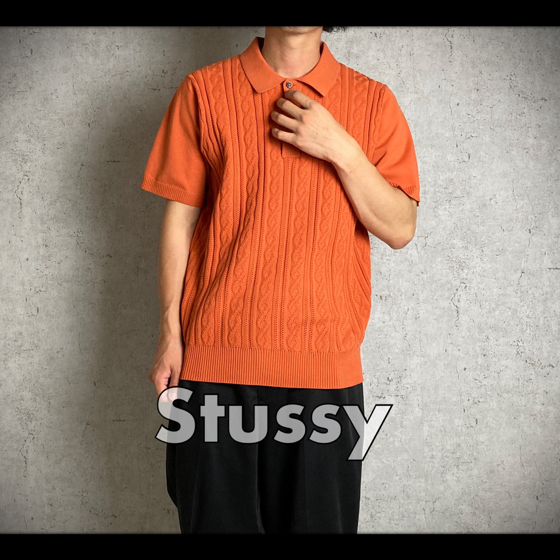 stussy Cable Ss Polo ニットポロ 中田圭佑 オレンジ-