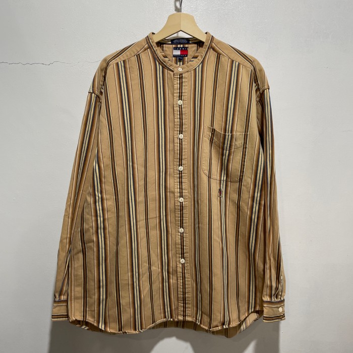 『送料無料』90s Tommyhilfiger ノーカラーマルチストライプシャツ | Vintage.City 古着屋、古着コーデ情報を発信