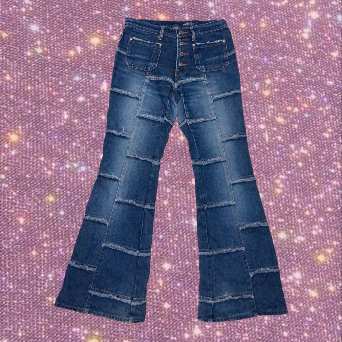 Fringe Edges Patchwork Denim Flare Jeans | Vintage.City 古着屋、古着コーデ情報を発信