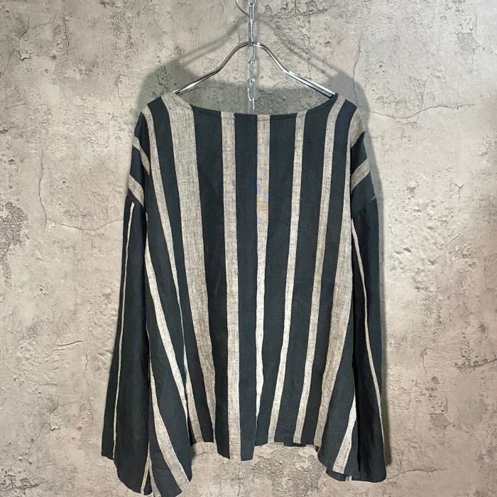 collarless stripe linen over shirt | Vintage.City 古着屋、古着コーデ情報を発信