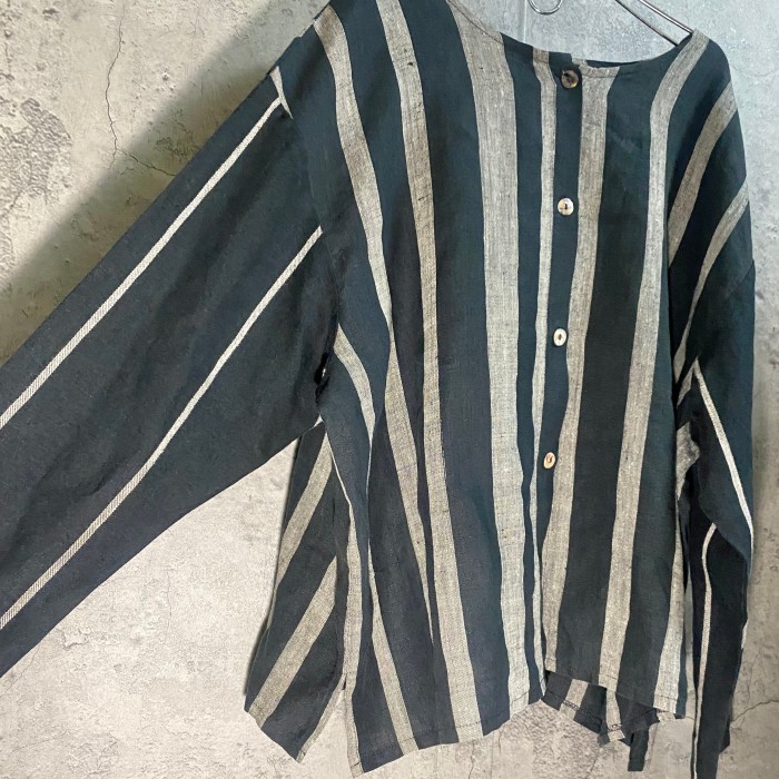 collarless stripe linen over shirt | Vintage.City 빈티지숍, 빈티지 코디 정보