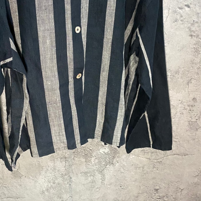 collarless stripe linen over shirt | Vintage.City 빈티지숍, 빈티지 코디 정보