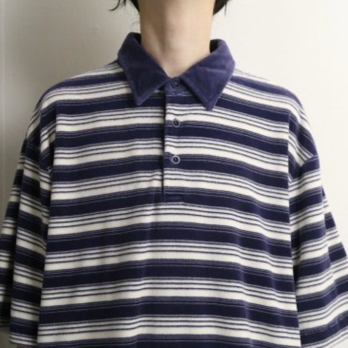Purple×white border pile lib polo shirt | Vintage.City 古着屋、古着コーデ情報を発信