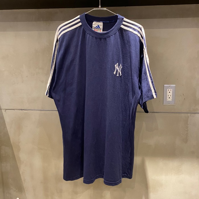 90s adidas 青×白ライン Tシャツ 刺繍ロゴ vintage