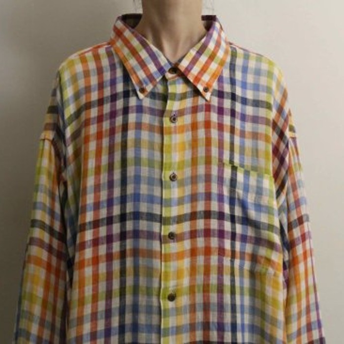 ORVIS linen 100% colorful check BIGshirt | Vintage.City 古着屋、古着コーデ情報を発信