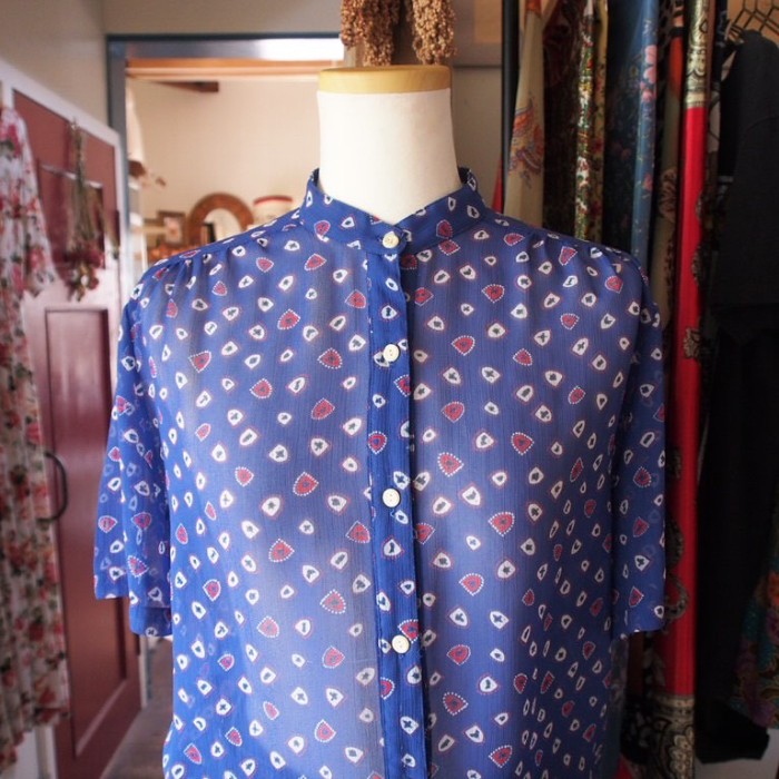 retro summer blouse/バンドカラー&ブルーベースのトリコロール | Vintage.City 古着屋、古着コーデ情報を発信