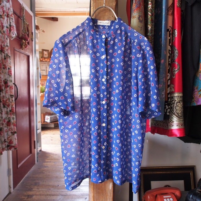 retro summer blouse/バンドカラー&ブルーベースのトリコロール | Vintage.City 古着屋、古着コーデ情報を発信