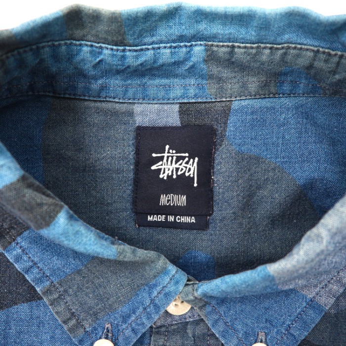 STUSSY ボタンダウンシャツ M ブルー カモフラ コットン | Vintage.City 古着屋、古着コーデ情報を発信