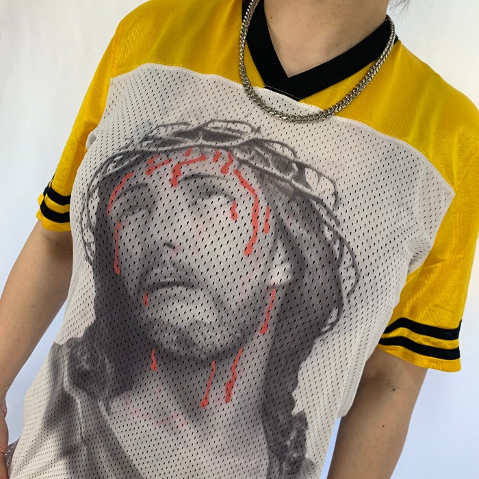 【supreme】イエスキリストメッシュフットボールシャツゲームシャツ イエロー