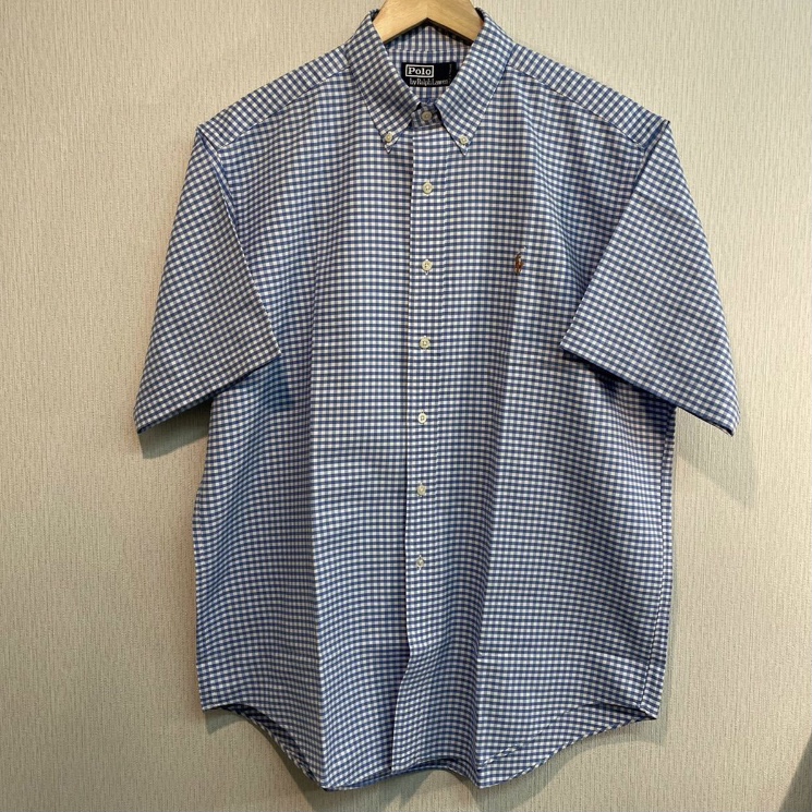 ラルフローレン 90s ポニー刺繍 半袖 BDシャツ L チェック 青 コットン 