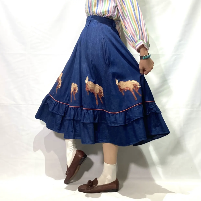 denim × horse patchwork flare skirt | Vintage.City 빈티지숍, 빈티지 코디 정보