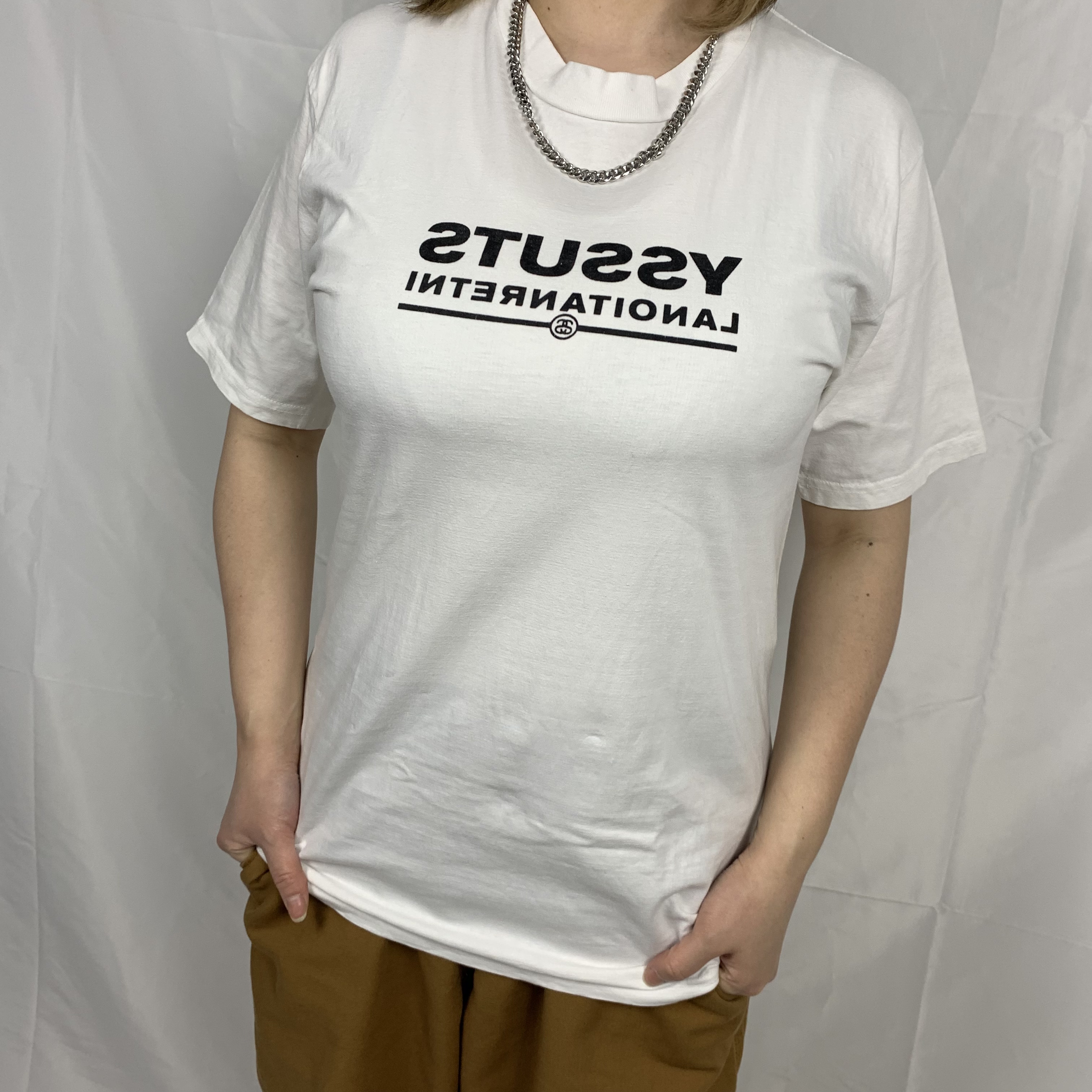 90s'紺タグUSA製【ステューシー】反転ロゴTシャツ ホワイト | Vintage.City