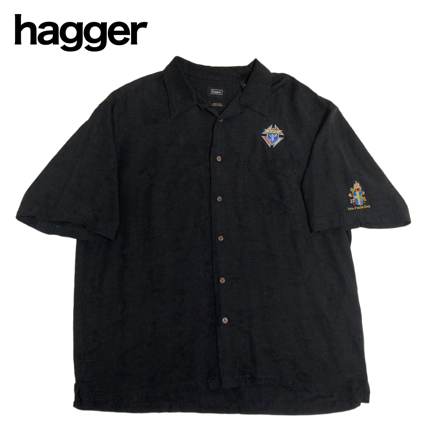 hagger 半袖シルクシャツ 黒/ブラック ペイズリー柄 XXL | Vintage.City