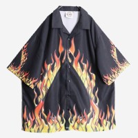 burning spade pattern black loose shirt | Vintage.City 古着屋、古着コーデ情報を発信