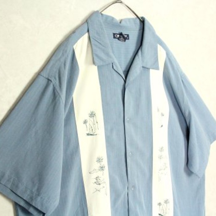 white line flower design loose shirt | Vintage.City 古着屋、古着コーデ情報を発信