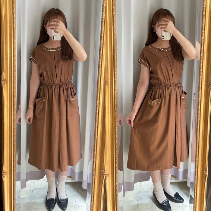 piping design brown dress | Vintage.City ヴィンテージ 古着