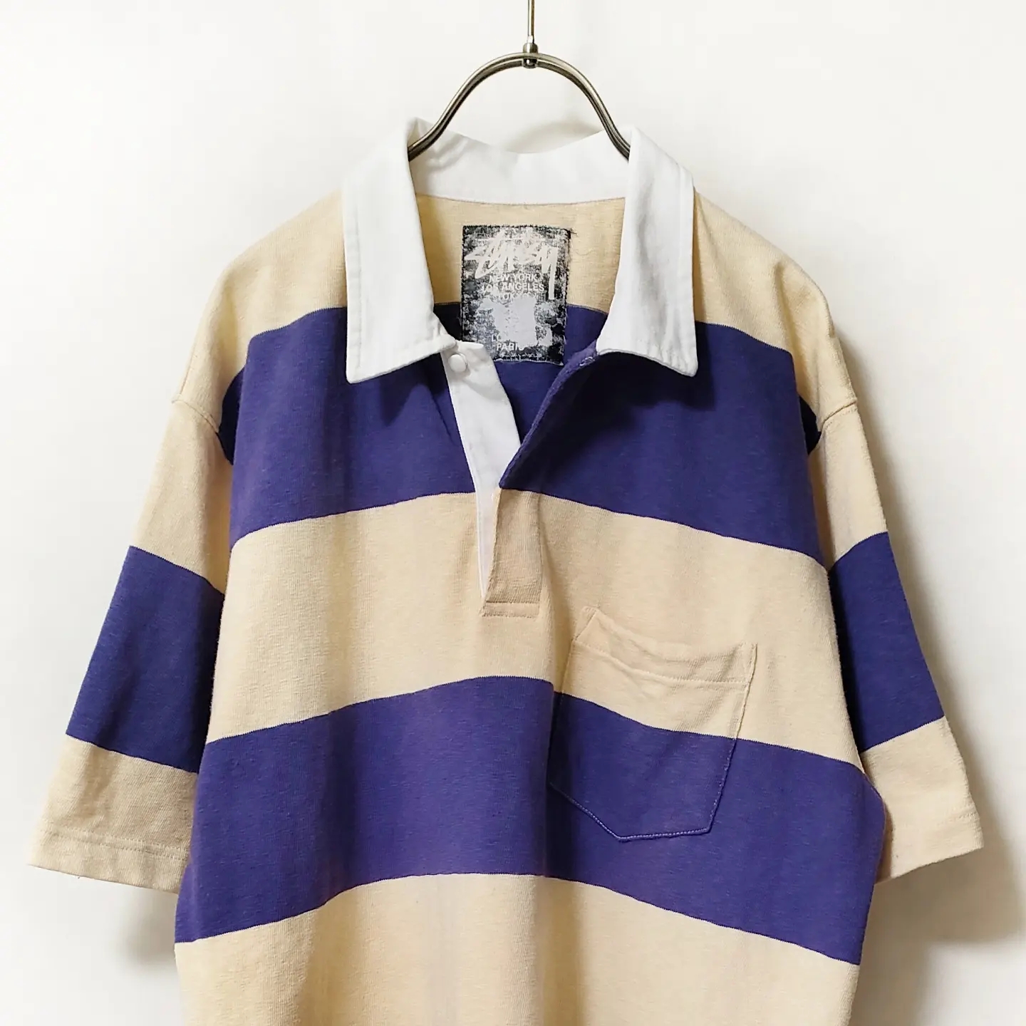 OLD STUSSY ラガーシャツ 半袖 ボーダー 紫 STUSSY GEAR | Vintage.City