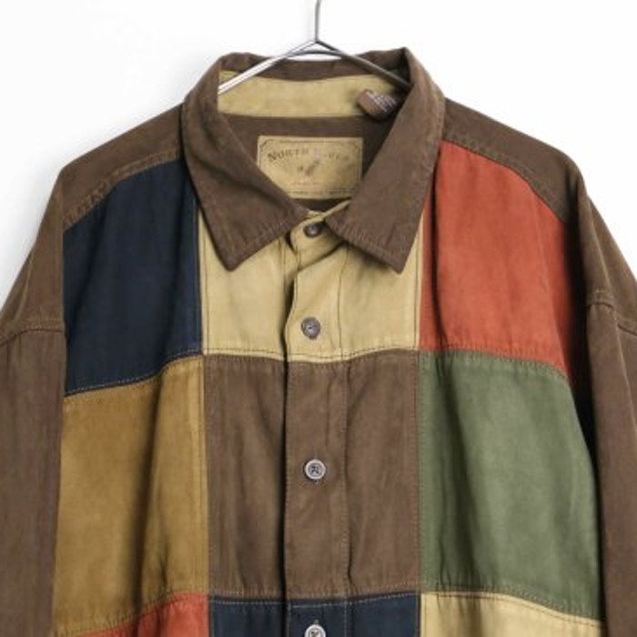 retro coloring patchwork faux suedeshirt | Vintage.City 古着屋、古着コーデ情報を発信