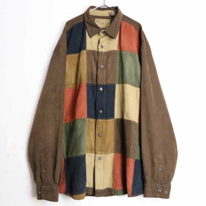 retro coloring patchwork faux suedeshirt | Vintage.City 古着屋、古着コーデ情報を発信