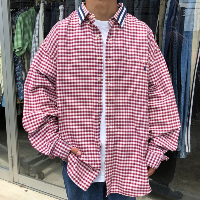 90s- ラルフローレン 長袖シャツ チェックシャツ 刺繍 ストリート 2XL 
