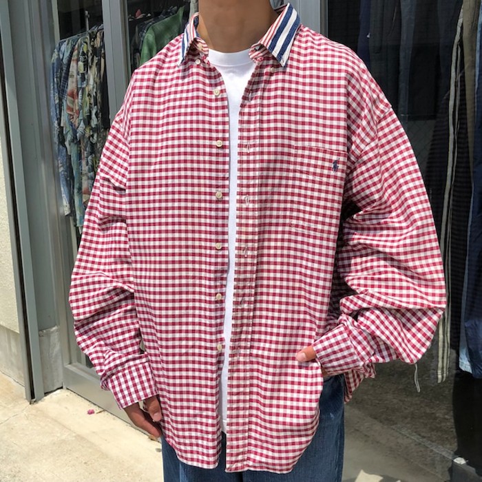 90s- ラルフローレン 長袖シャツ チェックシャツ 刺繍 ストリート 2XL 