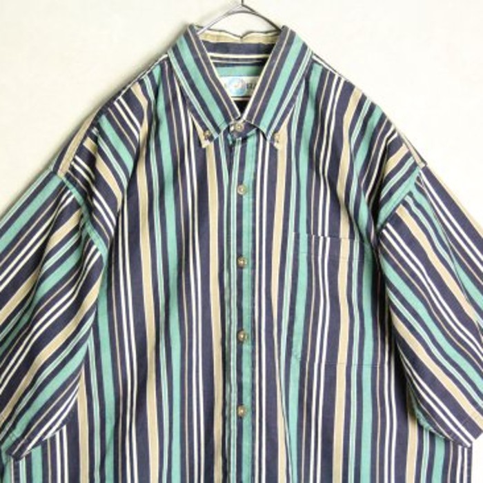 cyan cream color stripe shirt | Vintage.City 古着屋、古着コーデ情報を発信
