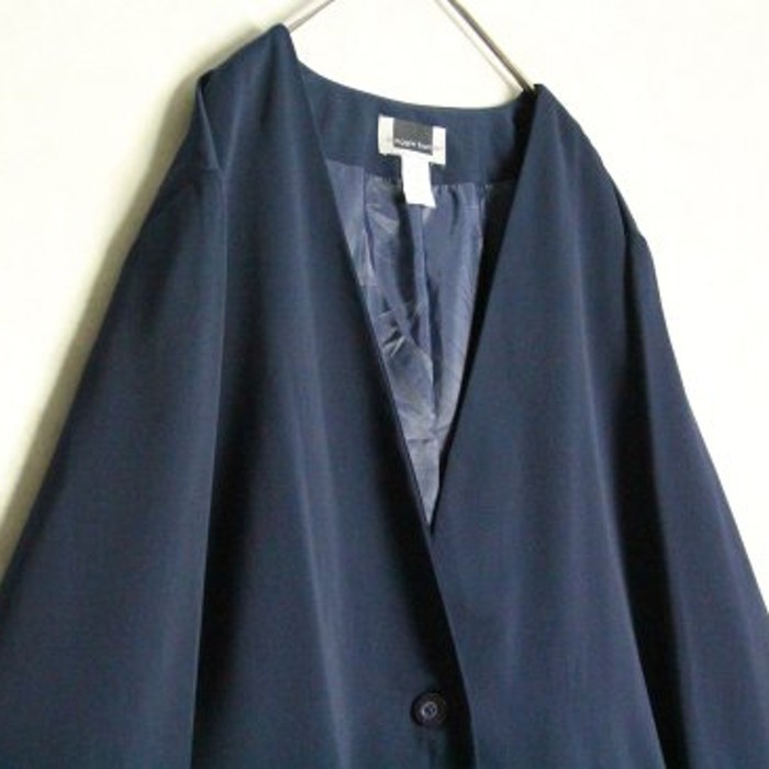 beautiful navy no collar drape jacket | Vintage.City 古着屋、古着コーデ情報を発信