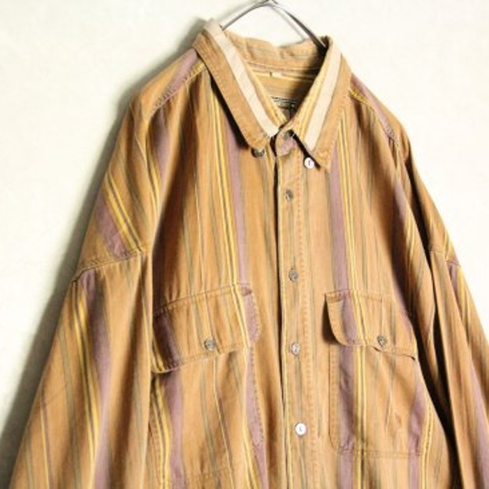 "camel" brown base stripe big shirt | Vintage.City 古着屋、古着コーデ情報を発信