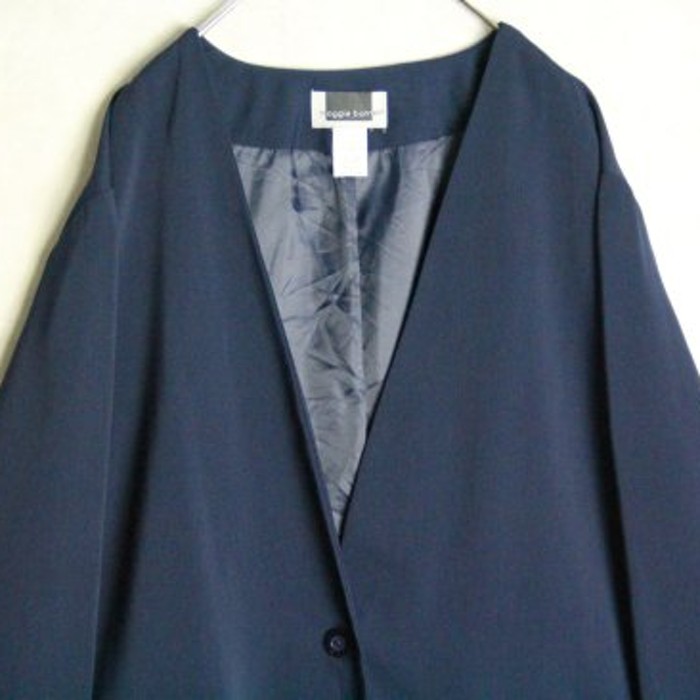beautiful navy no collar drape jacket | Vintage.City 古着屋、古着コーデ情報を発信