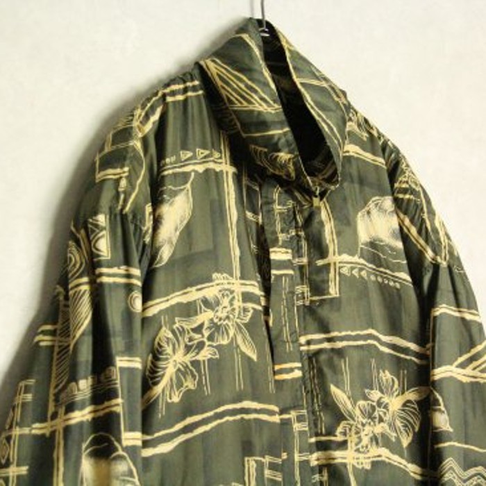 leaf pattern khaki green silk jacket | Vintage.City 古着屋、古着コーデ情報を発信