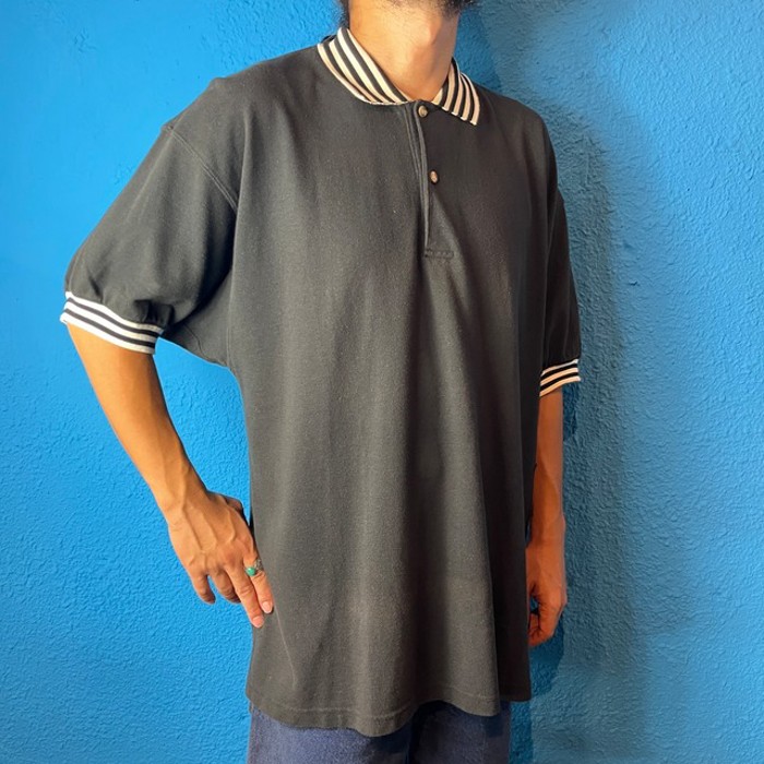 90s Striped Collar Black Polo Shirt | Vintage.City ヴィンテージ 古着